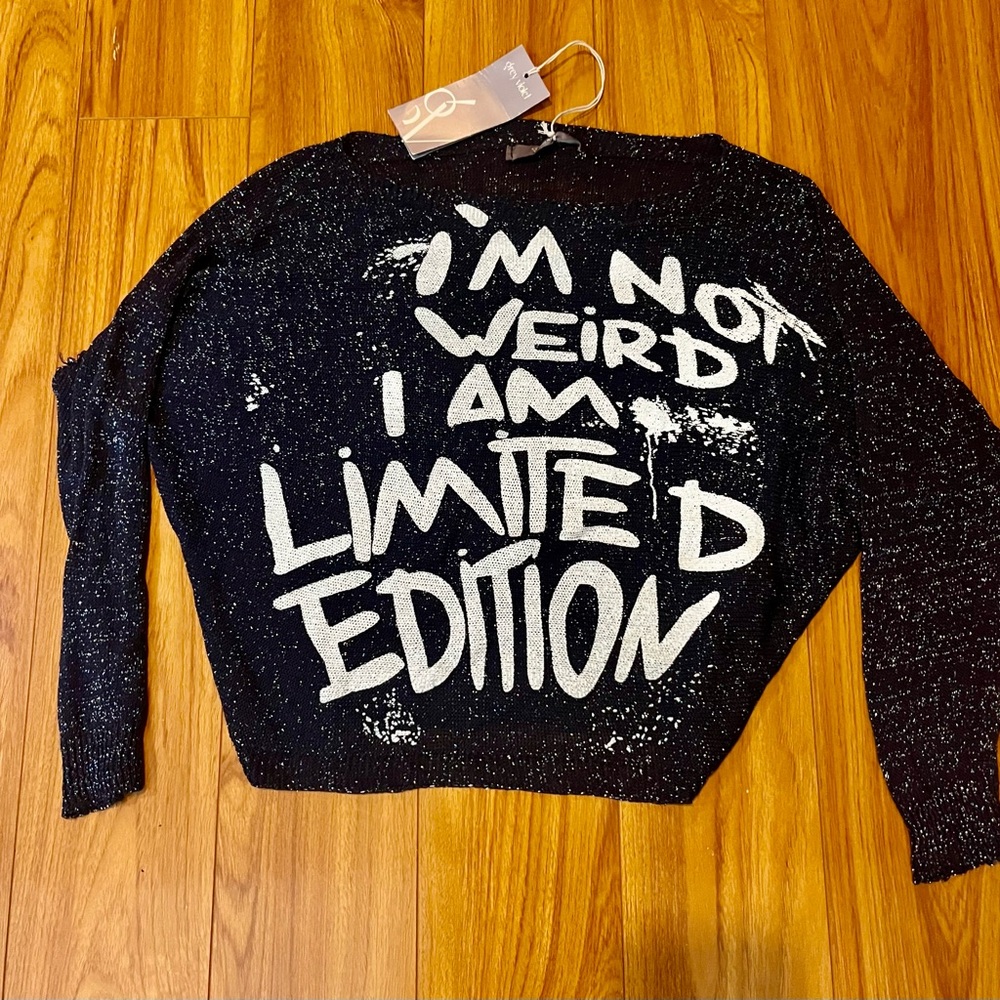 New! Grey Violet Italy Navy Blue Sparkle Sweater White Text Fun Unique Top